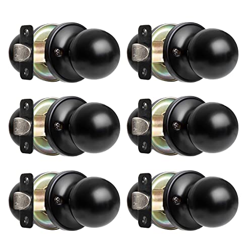 Crutello Passage Non Locking Door Knob for Hall or Closet - Ball Style, Matte Black Interior Keyless Door Handle, Pack of 6