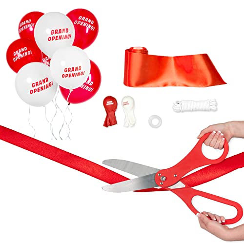 Crutello Deluxe Giant Ribbon Cutting Ceremony Kit 21" Giant Scissor Set, Sharp, Red Handled XL Scissors, 30ft of 4" Wide Red Ribbon, 10ft Banner, 10 Red & 10 White Balloons, Banner Rope, Balloon Rope