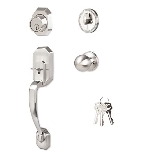 Crutello Entry Door Exterior Handleset - Satin Nickel Single Cylinder Deadbolt with Door Handle and Knob, Heritage Style