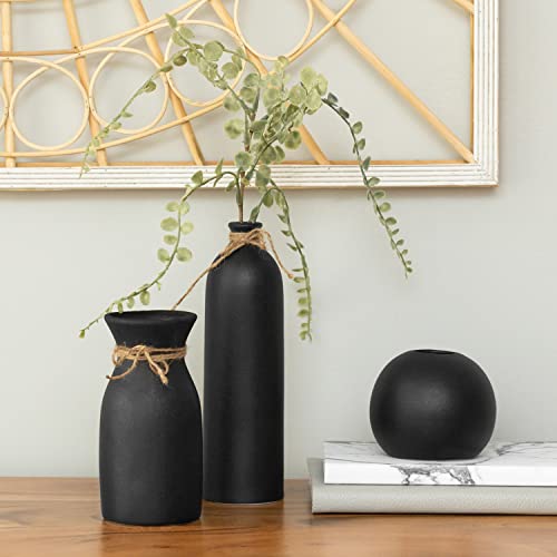 Crutello Ceramic Vase Set - 3 Black Textured Vases - Rustic Vase Set, Perfect Home Decor for Mantles, Bookshelves, Tables, Entryways
