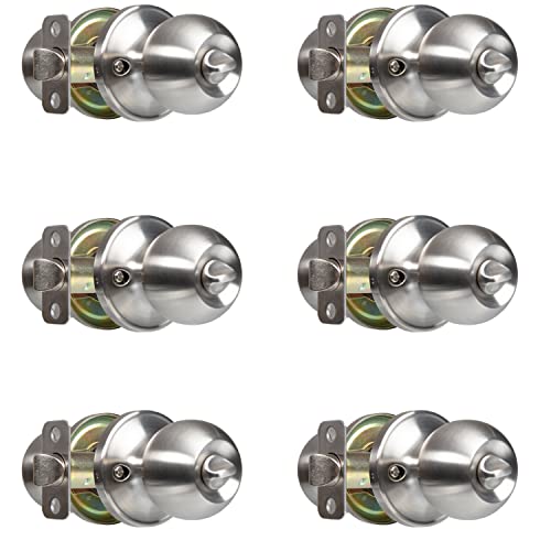 Crutello Keyless Privacy Door Knob for Bedroom or Bathroom - Ball Style, Satin Nickel Interior Turn Thumb Locking Door Handle, Pack of 6