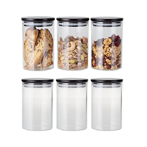 Crutello Glass Food Storage Containers with Black Bamboo Lids, 6 Pack - 16 Fluid oz Airtight Clear Kitchen Organization Canisters with Black Lids