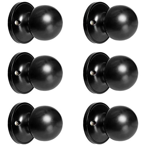 Crutello Dummy Door Knob for Hall or Closet - Ball Style, Matte Black Interior Keyless Non Locking Door Handle, Pack of 6