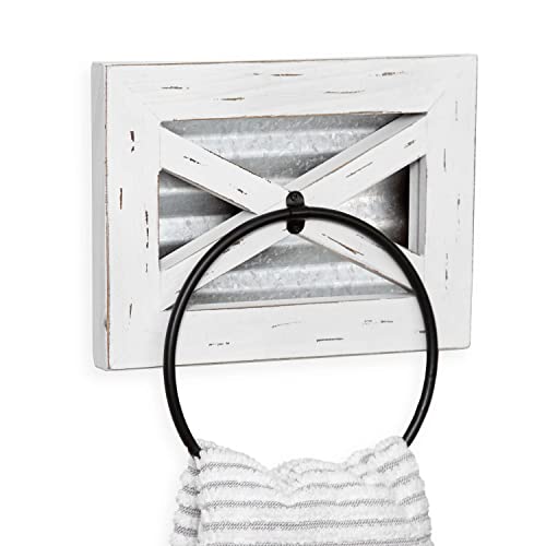 Crutello Rustic Hand Towel Ring for Bathroom with Galvanized Backing-White Wood & Black Metal Ring, Farmhouse Decor