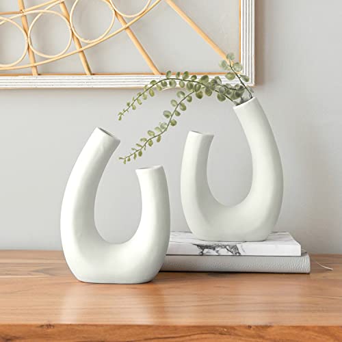 Crutello Minimalist White Ceramic U Style Vase - Set of 2 Modern Home Decor for Mantles, Bookshelves, Tables, Entryways