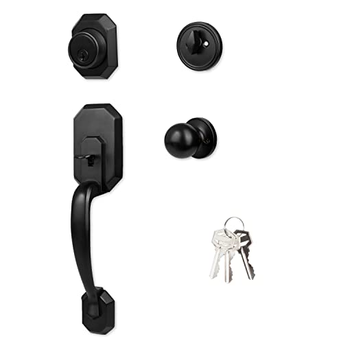 Crutello Entry Door Exterior Handleset - Black Single Cylinder Deadbolt with Door Handle and Knob, Heritage Style