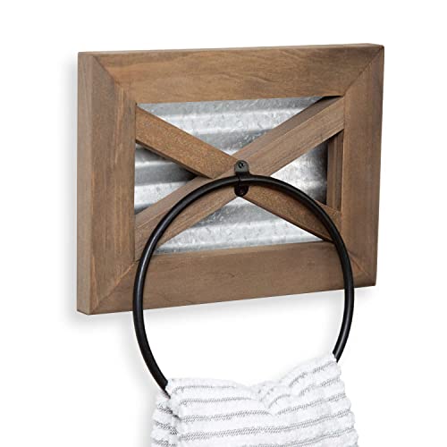 Crutello Rustic Hand Towel Ring for Bathroom with Galvanized Backing-  Barnwood & Black Metal Ring, Farmhouse Decor