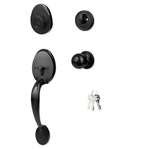 Crutello Entry Door Exterior Handleset - Black Single Cylinder Deadbolt with Door Handle and Knob, Heritage Style