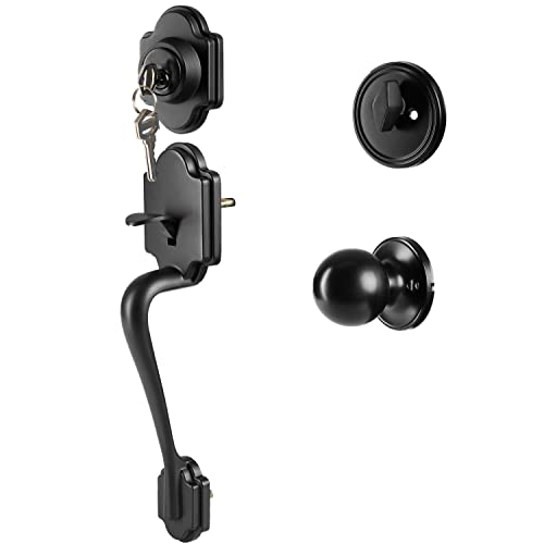 Crutello Entry Door Exterior Handleset - Black Single Cylinder Deadbolt with Elegant Lock Handle and Knob, Traditional Style