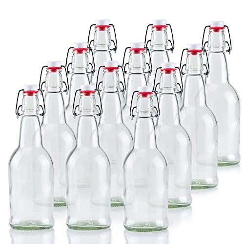 Crutello 16 Ounce Clear Glass Flip Top Beer Bottles for Brewing - Beer, Kombucha, Soda, Juice - 12 Pack Glass Bottle Beverage Container