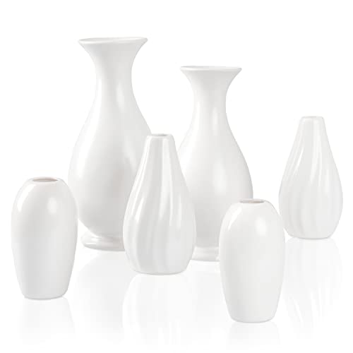 Crutello Ceramic Vase Set of 6 White Decorative Glossy Vases - Classic Small Bud Vases for Classic Decor