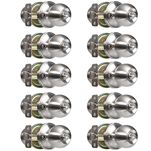 Crutello Keyless Privacy Door Knob for Bedroom or Bathroom - Ball Style, Satin Nickel Interior Turn Thumb Locking Door Handle, Pack of 10