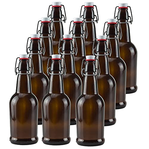 Crutello 16 Ounce Amber Glass Flip Top Beer Bottles for Brewing - Beer, Kombucha, Soda, Juice - 12 Pack Glass Bottle Beverage Container