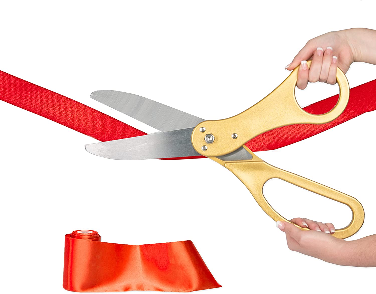 Crutello Giant Ribbon Cutting Ceremony Kit 21" Giant Scissor Set with Sharp, Gold Handled Durable XL Scissors, and 30 Feet of Oversized 4" Wide Red Ribbon