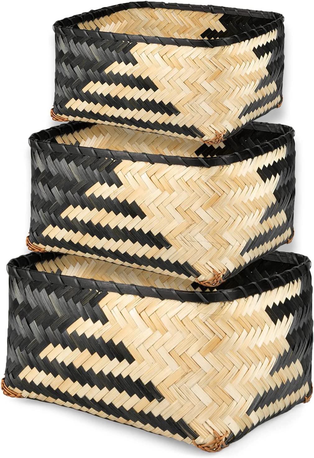 Crutello Woven Bamboo Storage Basket - Set of 3 black and natural color pattern organization basket living room boho decor