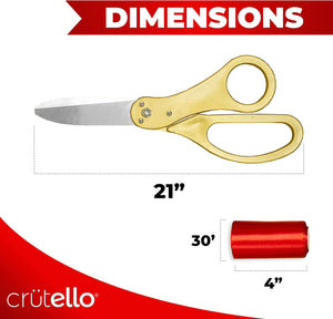 Crutello Giant Ribbon Cutting Ceremony Kit 21" Giant Scissor Set with Sharp, Gold Handled Durable XL Scissors, and 30 Feet of Oversized 4" Wide Red Ribbon