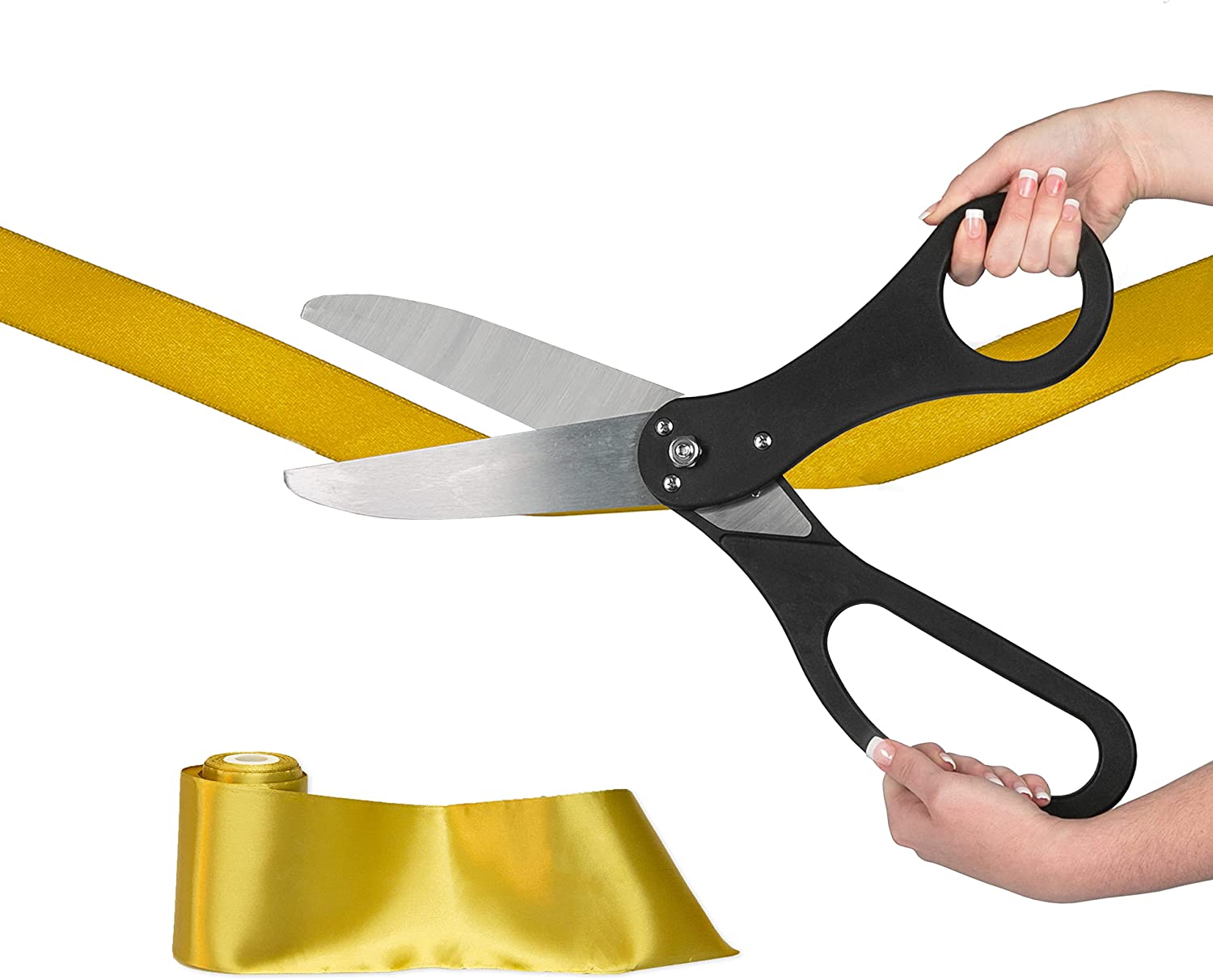 Crutello Giant Ribbon Cutting Ceremony Kit 21" Giant Scissor Set with Sharp, Black Handled Durable XL Scissors, and 30 Feet of Oversized 4" Wide Gold Ribbon