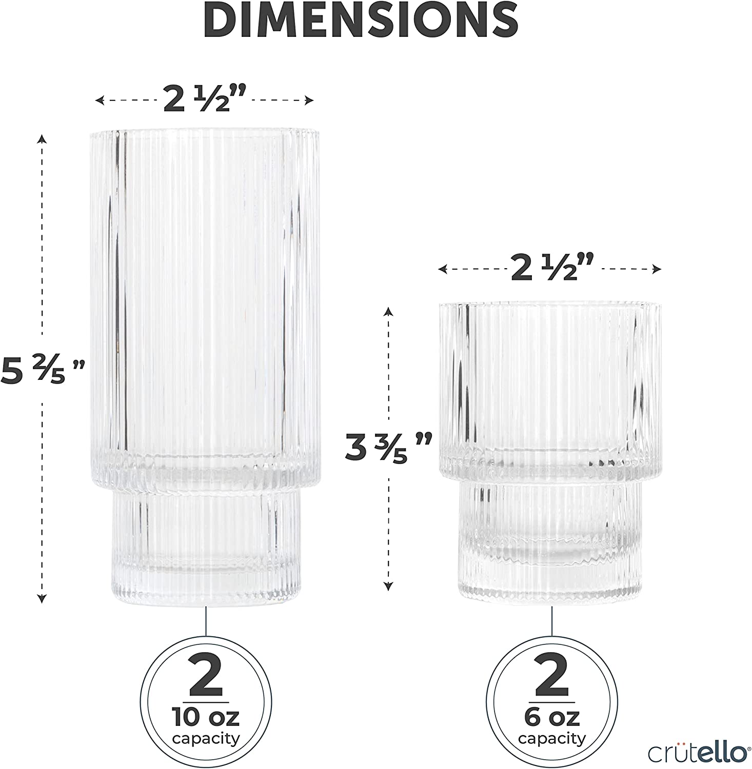 Crutello Ripple Drinking Glasses - Two 10 oz and Two 6oz Origami Glassware Set - Highball and Lowball Vintage Cups