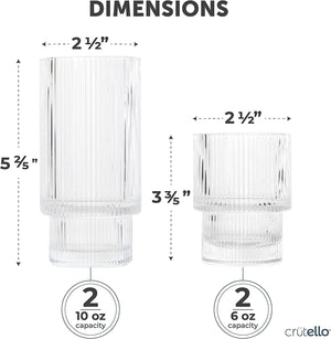 Crutello Ripple Drinking Glasses - Two 10 oz and Two 6oz Origami Glassware Set - Highball and Lowball Vintage Cups