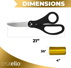 Crutello Giant Ribbon Cutting Ceremony Kit 21" Giant Scissor Set with Sharp, Black Handled Durable XL Scissors, and 30 Feet of Oversized 4" Wide Gold Ribbon