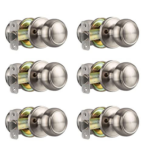 Crutello Passage Non Locking Door Knob for Hall or Closet - Colonial Style, Satin Nickel Interior Keyless Door Handle, Pack of 6