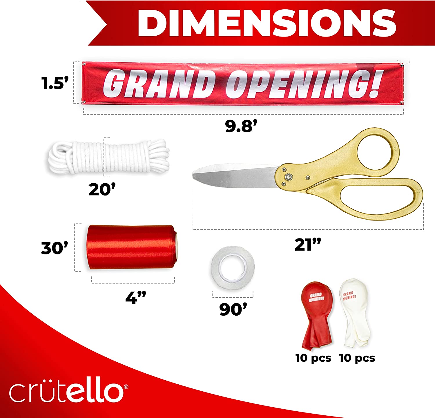 Crutello Deluxe Giant Ribbon Cutting Ceremony Kit 21" Giant Scissor Set, Sharp, Gold Handled XL Scissors, 30ft of 4" Wide Red Ribbon, 10ft Banner, 10 Red & 10 White Balloons, Banner Rope, Balloon Rope