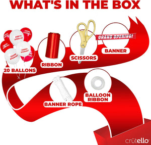 Crutello Deluxe Giant Ribbon Cutting Ceremony Kit 21" Giant Scissor Set, Sharp, Red Handled XL Scissors, 30ft of 4" Wide Red Ribbon, 10ft Banner, 10 Red & 10 White Balloons, Banner Rope, Balloon Rope