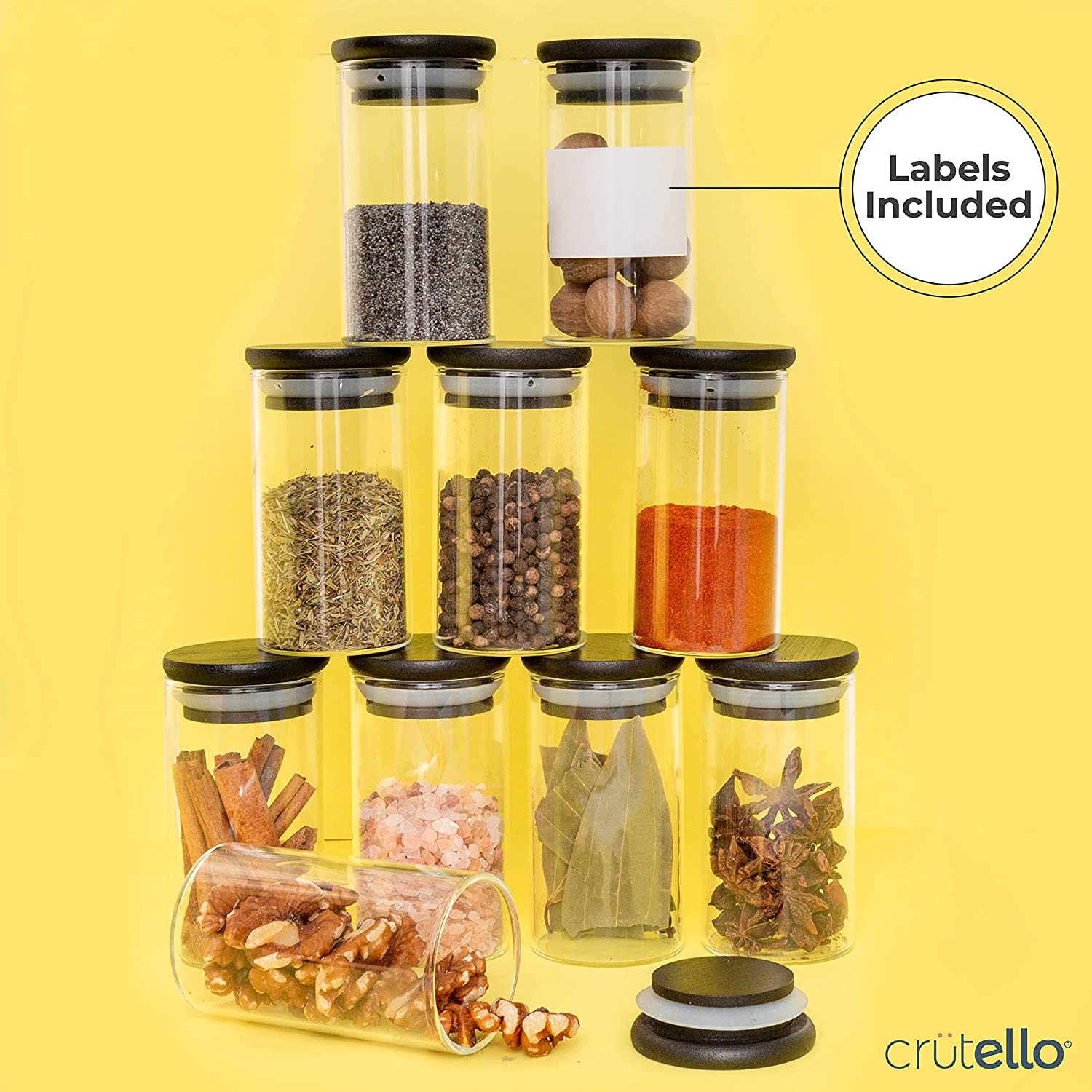 Crutello 20 Pack 4 Oz Spice Jars with Black Bamboo Lids for Spices