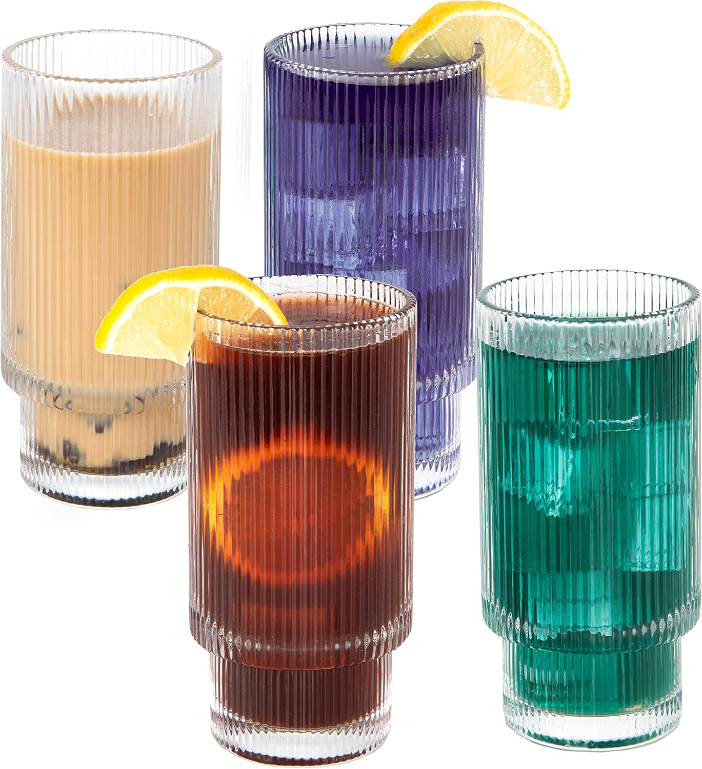 Crutello Ripple Drinking Glasses - 10 oz Origami Glassware Set - Highball Vintage Cups- Set of 4