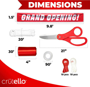 Crutello Deluxe Giant Ribbon Cutting Ceremony Kit 21" Giant Scissor Set, Sharp, Red Handled XL Scissors, 30ft of 4" Wide Red Ribbon, 10ft Banner, 10 Red & 10 White Balloons, Banner Rope, Balloon Rope