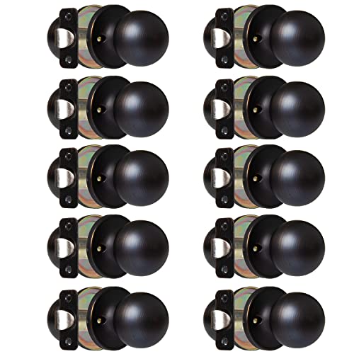 Crutello Passage Non Locking Door Knob for Hall or Closet - Ball Style, Oil Rubbed Bronze Interior Keyless Door Handle, Pack of 10