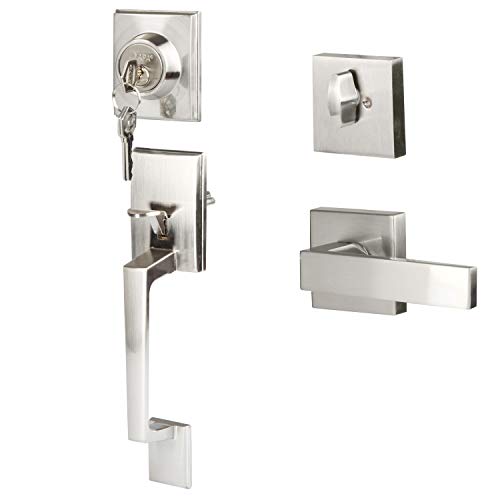 Crutello Entry Door Exterior Handleset - Satin Nickel Single Cylinder Deadbolt with Low Profile Halifax Lever, Modern Style