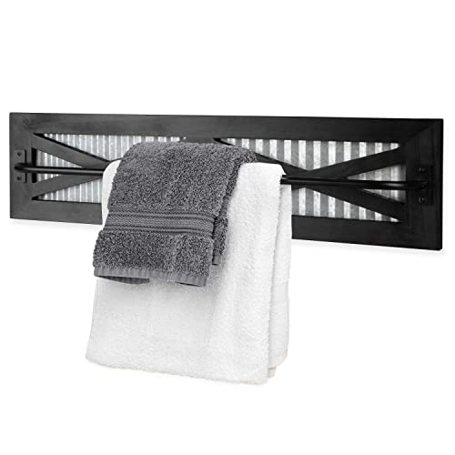 Crutello Rustic Towel Bar with Galvanized Backing for Bathrooms, 24x6 Inches - Wall Mounted Towel Rack Black Wood & Black Metal Bar, Farmhouse Decor
