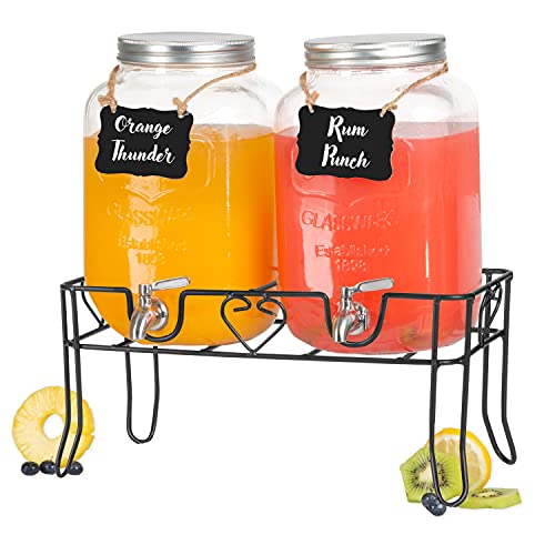 Crutello 2 Pack Glass Beverage Dispenser with Stainless Leak Free Spigot - 2 Gallon Drink Dispenser with Metal Black Stand for Lemonade, Tea, Cold Water - Mason Jar Style