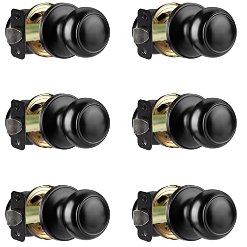 Crutello Passage Non Locking Door Knob for Hall or Closet - Colonial Style, Matte Black Interior Keyless Door Handle, Pack of 6