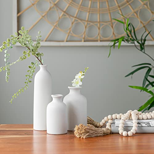 Crutello Ceramic Vase Set of 3 White Small Flower Vases & 1 Boho Bead Set