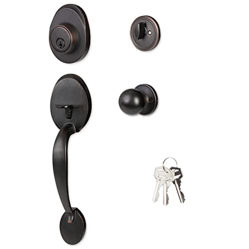Crutello Entry Door Exterior Handleset - Oil Rubbed Bronze Single Cylinder Deadbolt with Door Handle and Knob, Heritage Style