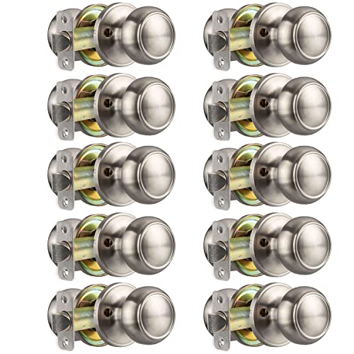 Crutello Passage Non Locking Door Knob for Hall or Closet - Colonial Style, Satin Nickel Interior Keyless Door Handle, Pack of 10