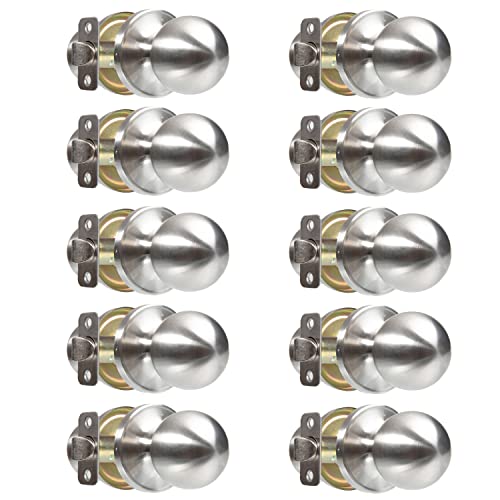 Crutello Passage Non Locking Door Knob for Hall or Closet - Ball Style, Satin Nickel Interior Keyless Door Handle, Pack of 10