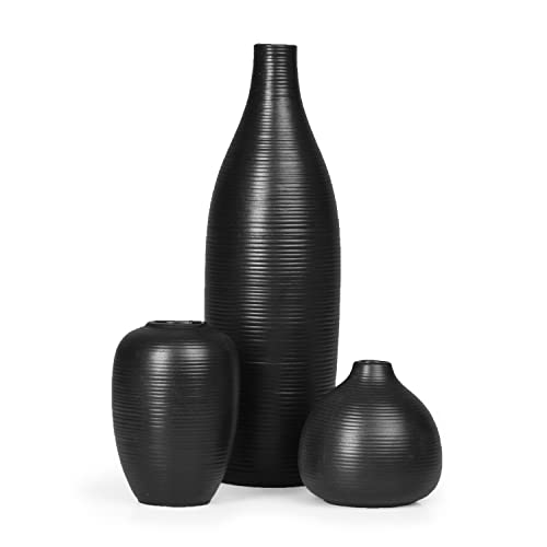 Crutello Ceramic Vase Set of 3 Black Textured Small Flower Vases Modern Decorative Vase Set