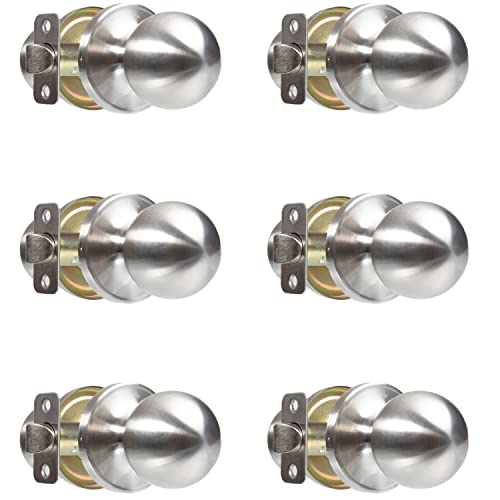 Crutello Passage Non Locking Door Knob for Hall or Closet - Ball Style, Satin Nickel Interior Keyless Door Handle, Pack of 6