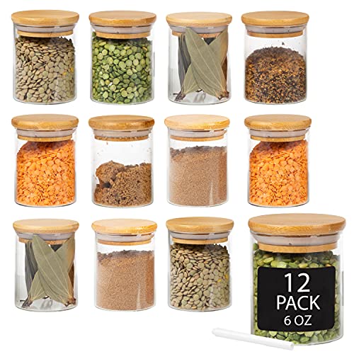 Crutello 12 Pack 6 Oz Mini Spice Jars with Bamboo Lids, Dishwasher Safe Jars for Spices, Honey, Beans, Rice, Party Favors