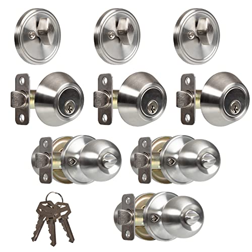 Crutello Exterior Front Entry Door Knob with Single Cylinder Deadbolt - Satin Nickel Keyed Alike Turn Thumb Locking Knob, Ball Style