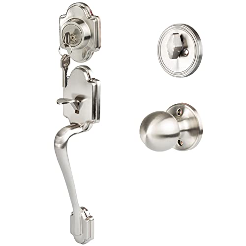Crutello Entry Door Exterior Handleset - Satin Nickel Single Cylinder Deadbolt with Elegant Lock Handle and Knob, Traditional Style