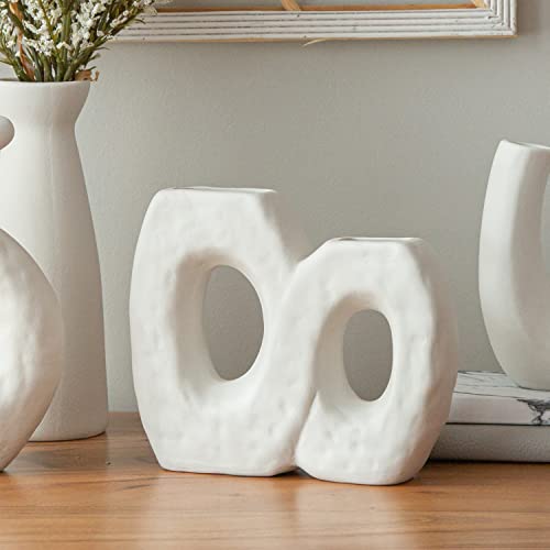 Crutello Textured Ceramic White Loop Vase - Modern Home Decor for Mantles, Bookshelves, Tables, Entryways