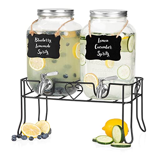 Crutello 2 Pack Glass Beverage Dispenser with Stainless Leak Free Spigot - 1 Gallon Drink Dispenser with Metal Black Stand for Lemonade, Tea, Cold Water - Mason Jar Style