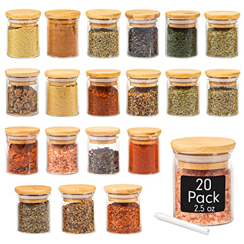 Crutello 20 Pack 2.5 Oz Mini Spice Jars with Bamboo Lids, Dishwasher Safe Jars for Spices, Honey, Beans, Rice, Party Favors